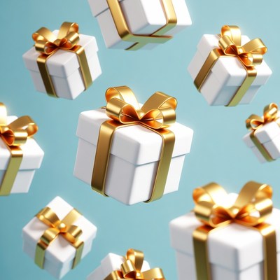 Floating White Gift Boxes with Gold Ribbons