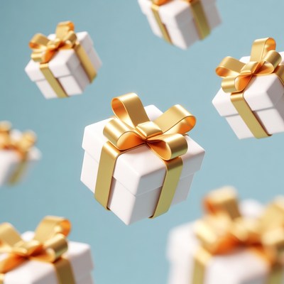 Floating White Gift Boxes with Gold Ribbons