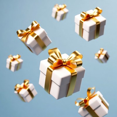 Floating White Gift Boxes with Gold Ribbons