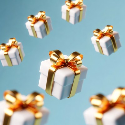 Floating White Gift Boxes with Gold Ribbons
