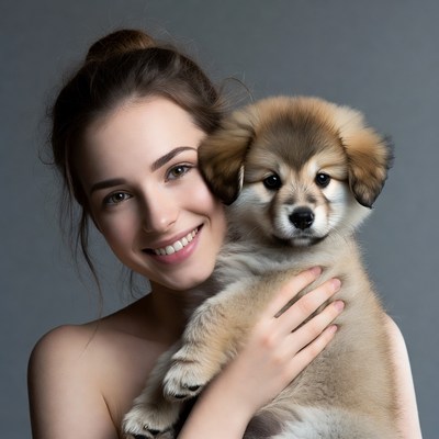 Woman holding cute puppy