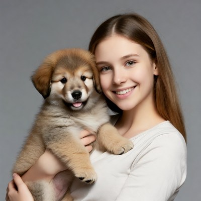 Young woman holding fluffy puppy