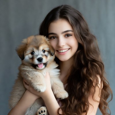 Girl holding cute puppy