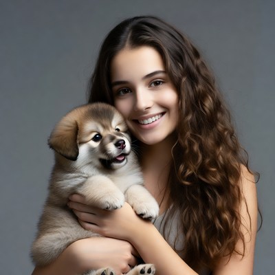 Young woman holding cute puppy
