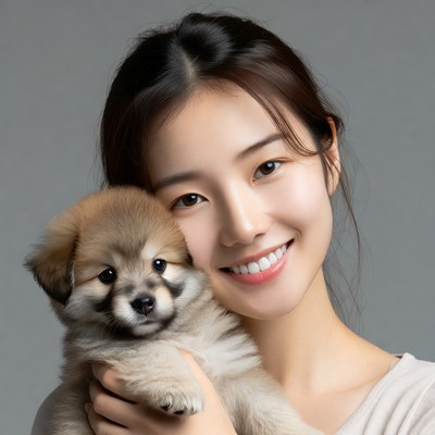 Asian woman holding cute puppy