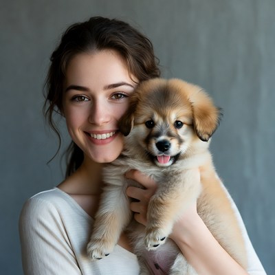 Woman holding cute puppy