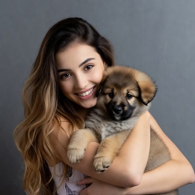 Woman holding cute puppy