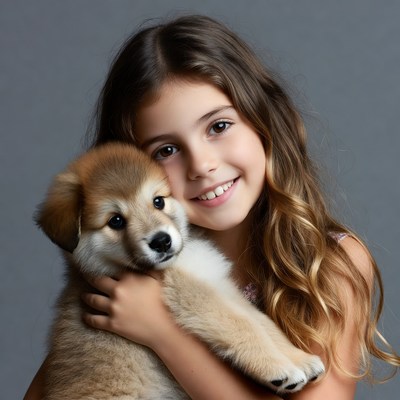 Girl hugging cute puppy