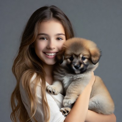 Girl holding cute puppy