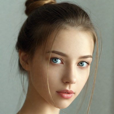 Woman with bun hairstyle and blue eyes