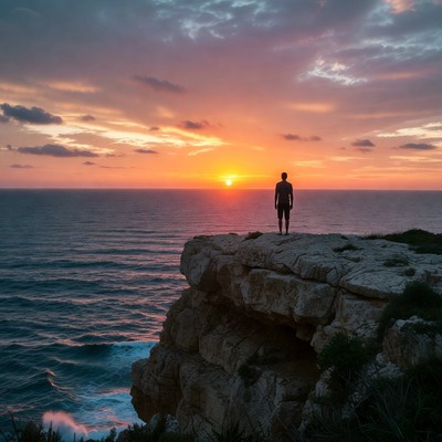 Man standing on cliff at sunset