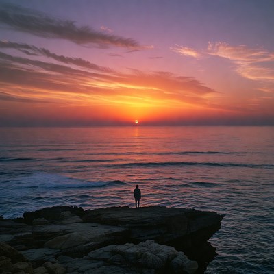 Silhouette man on cliff at sunset