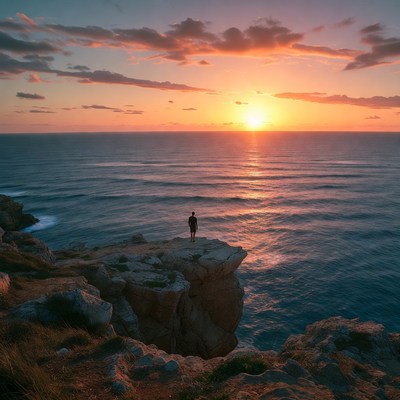 Man standing on cliff at sunset