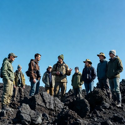 Group hikers on volcanic lava field