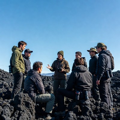 Group of men discussing on volcanic rocks