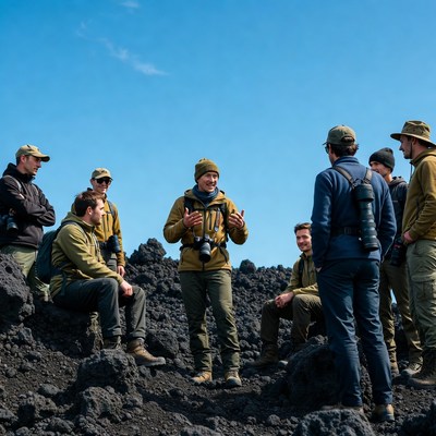 Men discussing on volcanic rocks