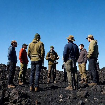 Group of men on volcanic field