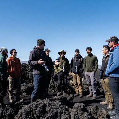 Group of men on volcanic rocks