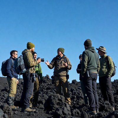 Group of men on volcanic terrain