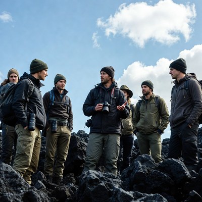 Group of hikers on volcanic rocks