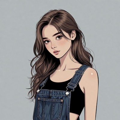 Asian girl in denim overalls