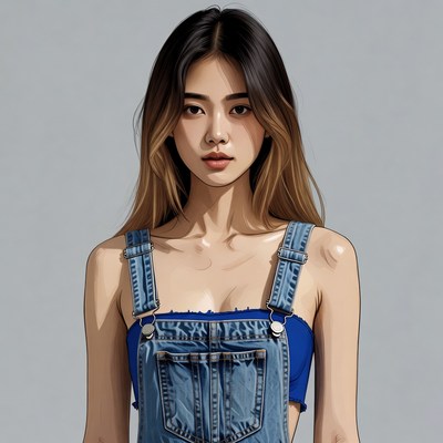 Asian woman in denim overalls