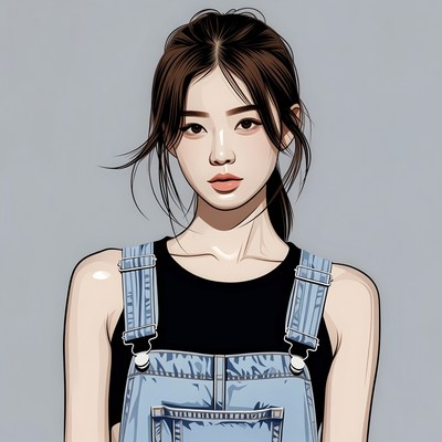 Asian woman in denim overalls