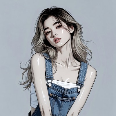Asian woman in denim overalls