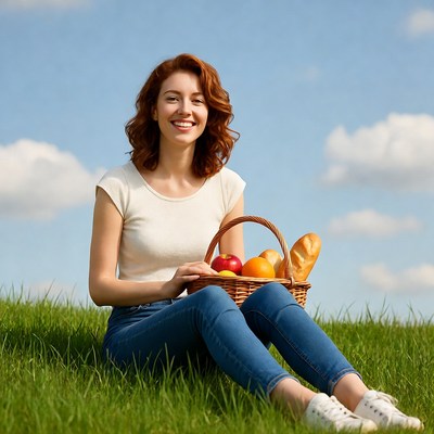 Redhead woman with fruit basket on grass