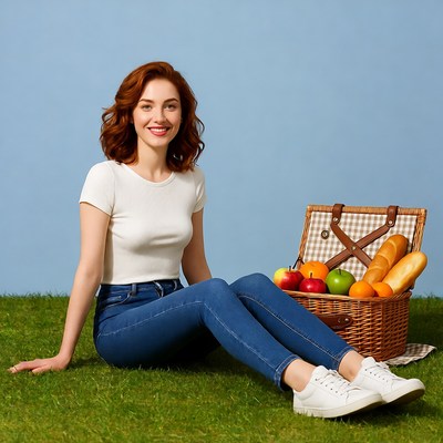 Smiling redhead woman with picnic basket