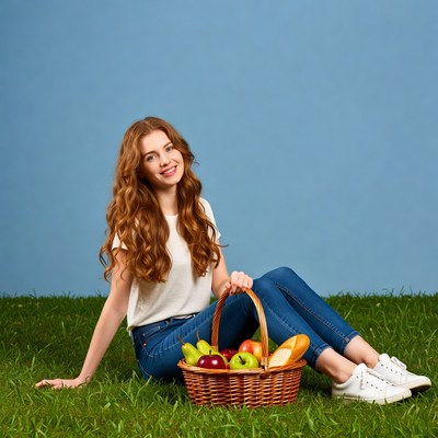 Redhead woman holding fruit basket