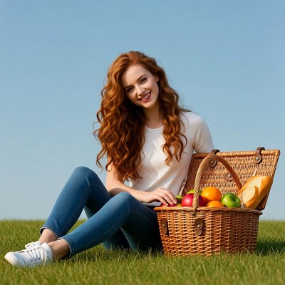 Redhead woman with picnic basket