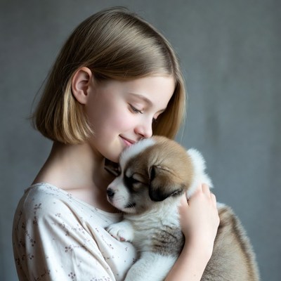 Girl hugging cute puppy
