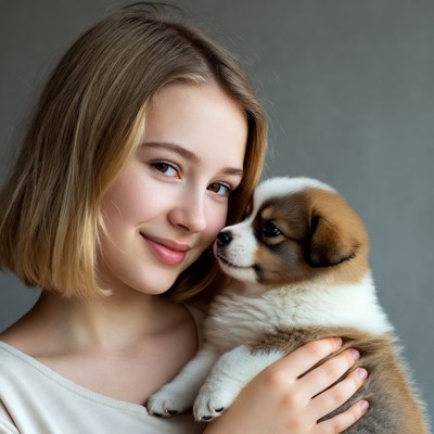 Girl holding cute corgi puppy