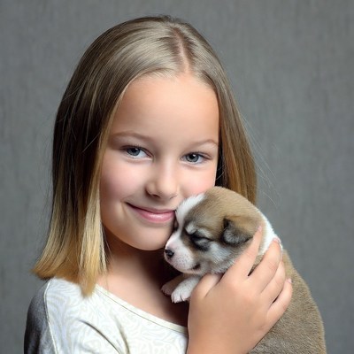 Girl holding husky puppy