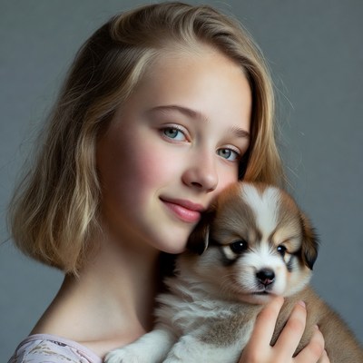 Girl holding cute puppy