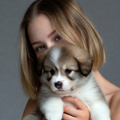 Young woman holding husky puppy