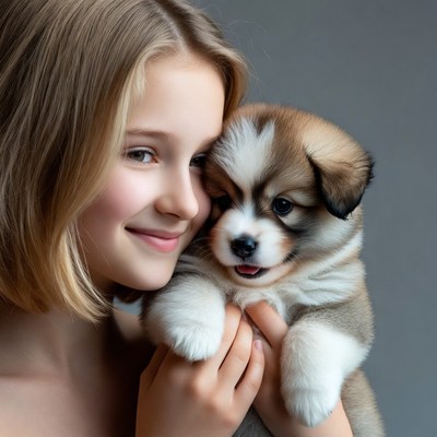 Girl holding cute husky puppy