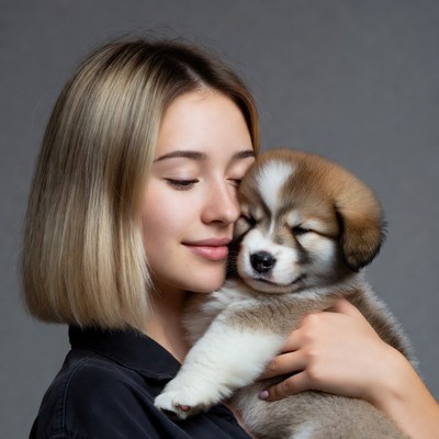 Woman holding cute puppy