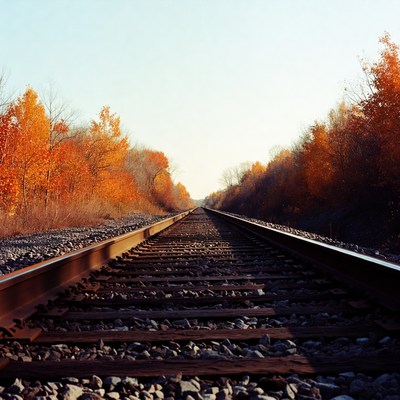 Railroad tracks through autumn trees