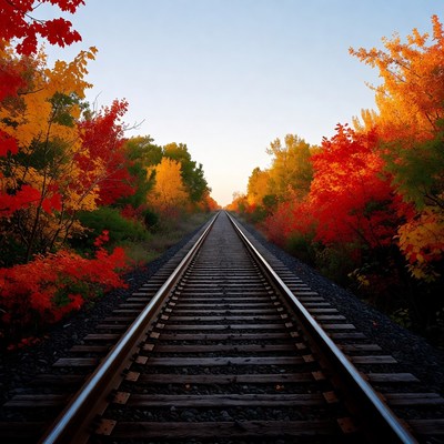 Railroad tracks through autumn forest