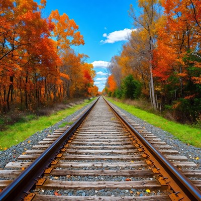 Railroad tracks through autumn forest