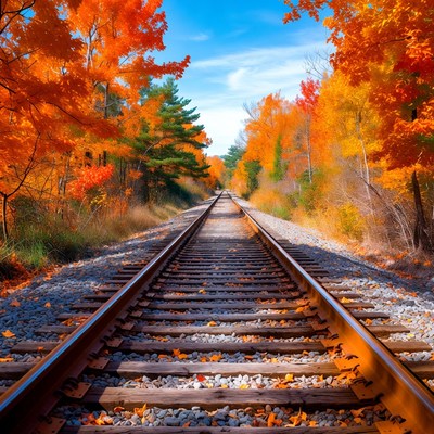 Railroad tracks through autumn forest