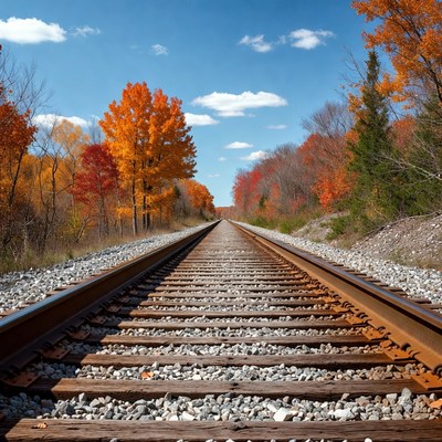 Railroad tracks through autumn forest