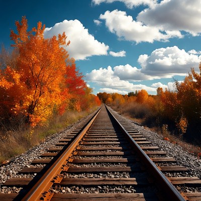Railroad tracks through autumn trees