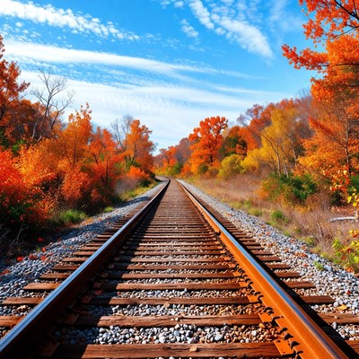 Railroad tracks through autumn forest