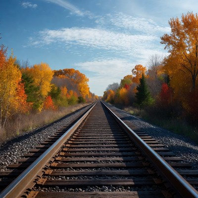 Railroad tracks through autumn forest