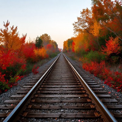 Railroad tracks through autumn forest