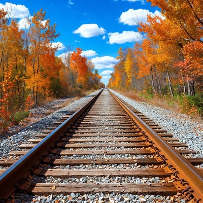 Railroad tracks through autumn forest