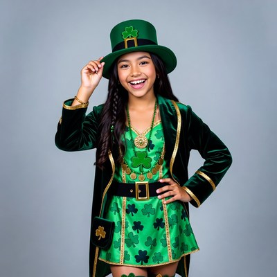 Asian girl in green leprechaun costume